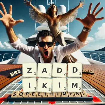 Creative illustration for a Scrabble game with the word ZADDIKIM spelled out in tiles on the board.