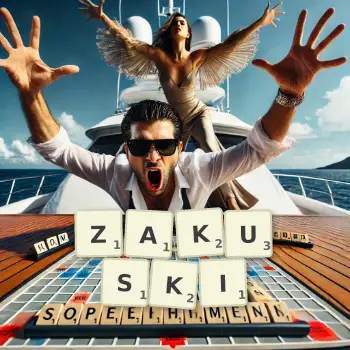 Creative illustration for a Scrabble game with the word ZAKUSKI spelled out in tiles on the board.