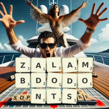 Creative illustration for a Scrabble game with the word ZALAMBDODONTS spelled out in tiles on the board.