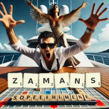 Creative illustration for a Scrabble game with the word ZAMANS spelled out in tiles on the board.