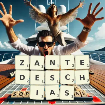Creative illustration for a Scrabble game with the word ZANTEDESCHIAS spelled out in tiles on the board.