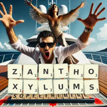 Creative illustration for a Scrabble game with the word ZANTHOXYLUMS spelled out in tiles on the board.
