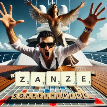 Creative illustration for a Scrabble game with the word ZANZE spelled out in tiles on the board.