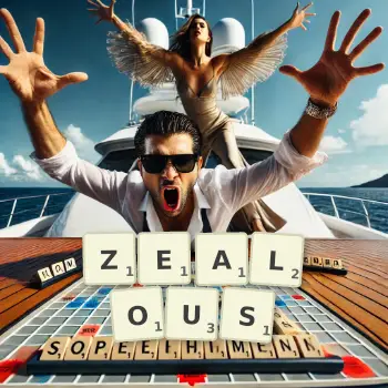 Creative illustration for a Scrabble game with the word ZEALOUS spelled out in tiles on the board.
