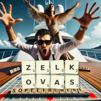 Creative illustration for a Scrabble game with the word ZELKOVAS spelled out in tiles on the board.