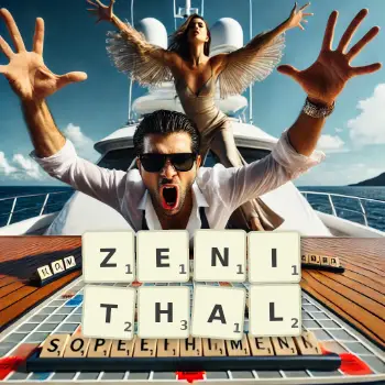 Creative illustration for a Scrabble game with the word ZENITHAL spelled out in tiles on the board.