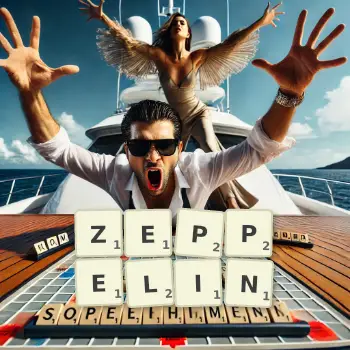 Creative illustration for a Scrabble game with the word ZEPPELIN spelled out in tiles on the board.