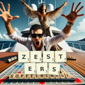 Creative illustration for a Scrabble game with the word ZESTERS spelled out in tiles on the board.