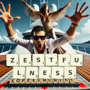 Creative illustration for a Scrabble game with the word ZESTFULNESS spelled out in tiles on the board.