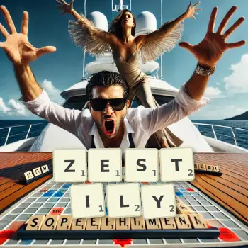 Creative illustration for a Scrabble game with the word ZESTILY spelled out in tiles on the board.