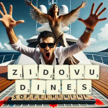 Creative illustration for a Scrabble game with the word ZIDOVUDINES spelled out in tiles on the board.