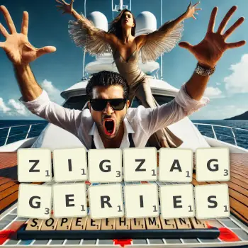 Creative illustration for a Scrabble game with the word ZIGZAGGERIES spelled out in tiles on the board.
