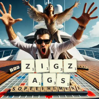 Creative illustration for a Scrabble game with the word ZIGZAGS spelled out in tiles on the board.