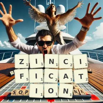 Creative illustration for a Scrabble game with the word ZINCIFICATION spelled out in tiles on the board.