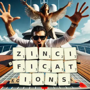 Creative illustration for a Scrabble game with the word ZINCIFICATIONS spelled out in tiles on the board.