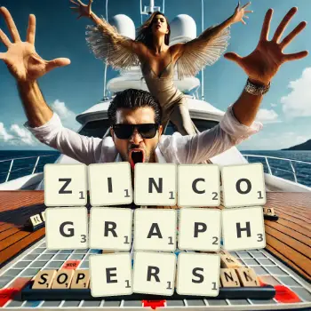 Creative illustration for a Scrabble game with the word ZINCOGRAPHERS spelled out in tiles on the board.