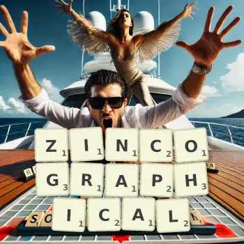 Creative illustration for a Scrabble game with the word ZINCOGRAPHICAL spelled out in tiles on the board.