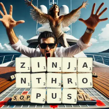 Creative illustration for a Scrabble game with the word ZINJANTHROPUS spelled out in tiles on the board.