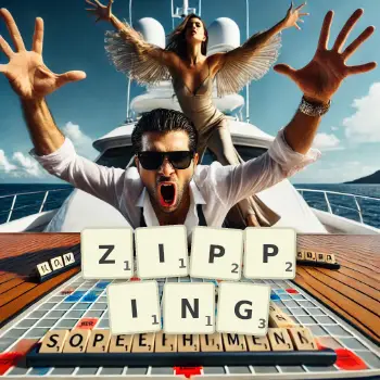 Creative illustration for a Scrabble game with the word ZIPPING spelled out in tiles on the board.