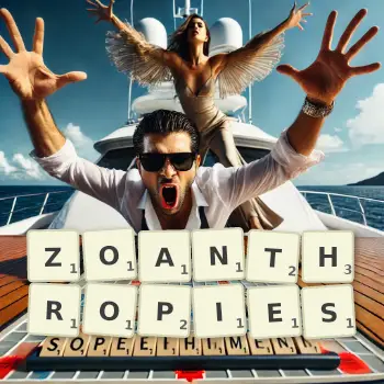 Creative illustration for a Scrabble game with the word ZOANTHROPIES spelled out in tiles on the board.