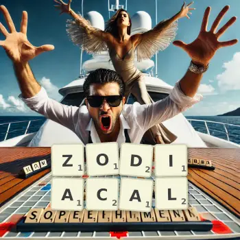 Creative illustration for a Scrabble game with the word ZODIACAL spelled out in tiles on the board.