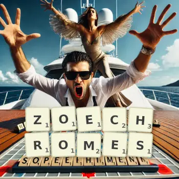 Creative illustration for a Scrabble game with the word ZOECHROMES spelled out in tiles on the board.