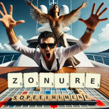 Creative illustration for a Scrabble game with the word ZONURE spelled out in tiles on the board.