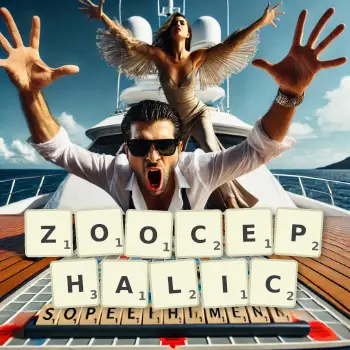 Creative illustration for a Scrabble game with the word ZOOCEPHALIC spelled out in tiles on the board.