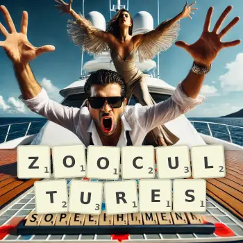 Creative illustration for a Scrabble game with the word ZOOCULTURES spelled out in tiles on the board.