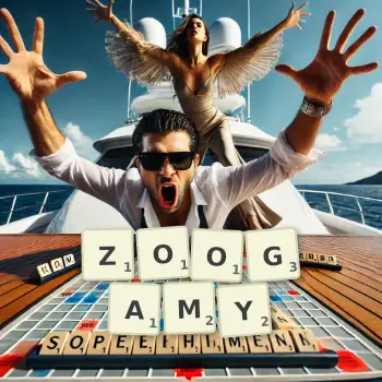 Creative illustration for a Scrabble game with the word ZOOGAMY spelled out in tiles on the board.