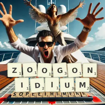 Creative illustration for a Scrabble game with the word ZOOGONIDIUM spelled out in tiles on the board.