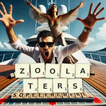 Creative illustration for a Scrabble game with the word ZOOLATERS spelled out in tiles on the board.