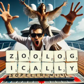 Creative illustration for a Scrabble game with the word ZOOLOGICALLY spelled out in tiles on the board.
