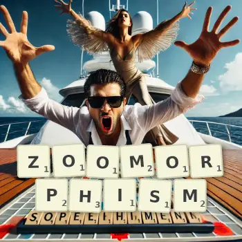 Creative illustration for a Scrabble game with the word ZOOMORPHISM spelled out in tiles on the board.
