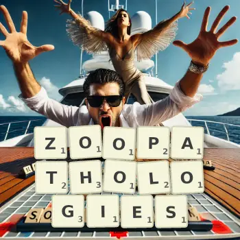 Creative illustration for a Scrabble game with the word ZOOPATHOLOGIES spelled out in tiles on the board.