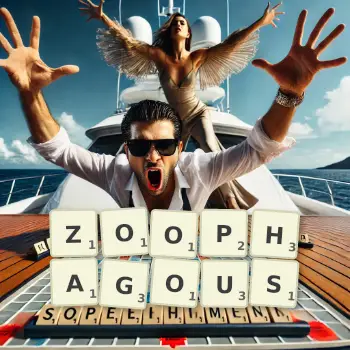 Creative illustration for a Scrabble game with the word ZOOPHAGOUS spelled out in tiles on the board.