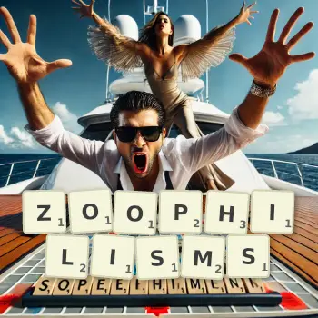 Creative illustration for a Scrabble game with the word ZOOPHILISMS spelled out in tiles on the board.