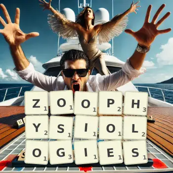 Creative illustration for a Scrabble game with the word ZOOPHYSIOLOGIES spelled out in tiles on the board.