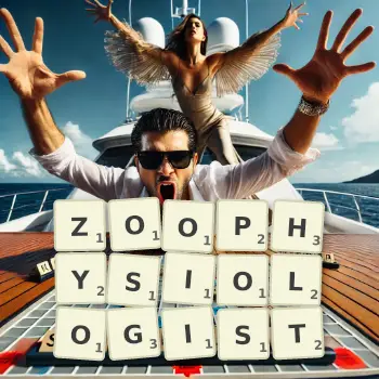 Creative illustration for a Scrabble game with the word ZOOPHYSIOLOGIST spelled out in tiles on the board.