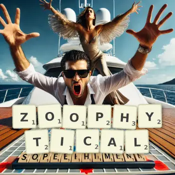 Creative illustration for a Scrabble game with the word ZOOPHYTICAL spelled out in tiles on the board.