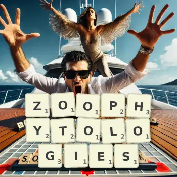 Creative illustration for a Scrabble game with the word ZOOPHYTOLOGIES spelled out in tiles on the board.