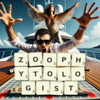Creative illustration for a Scrabble game with the word ZOOPHYTOLOGIST spelled out in tiles on the board.