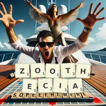 Creative illustration for a Scrabble game with the word ZOOTHECIA spelled out in tiles on the board.