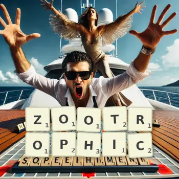 Creative illustration for a Scrabble game with the word ZOOTROPHIC spelled out in tiles on the board.