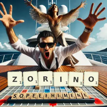 Creative illustration for a Scrabble game with the word ZORINO spelled out in tiles on the board.