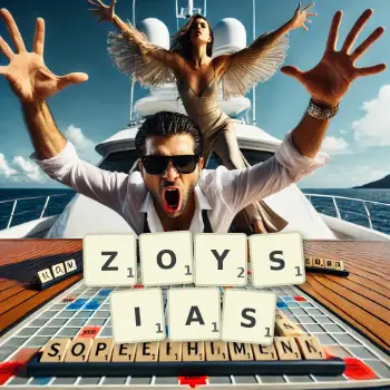 Creative illustration for a Scrabble game with the word ZOYSIAS spelled out in tiles on the board.