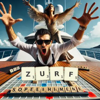 Creative illustration for a Scrabble game with the word ZURF spelled out in tiles on the board.