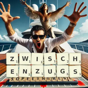 Creative illustration for a Scrabble game with the word ZWISCHENZUGS spelled out in tiles on the board.