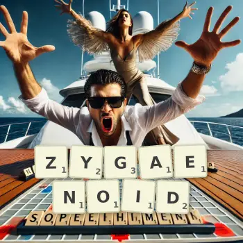 Creative illustration for a Scrabble game with the word ZYGAENOID spelled out in tiles on the board.