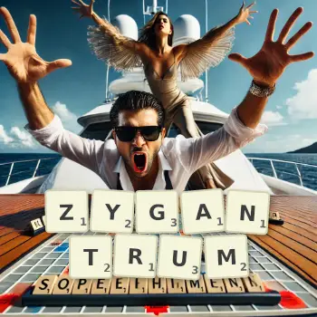 Creative illustration for a Scrabble game with the word ZYGANTRUM spelled out in tiles on the board.